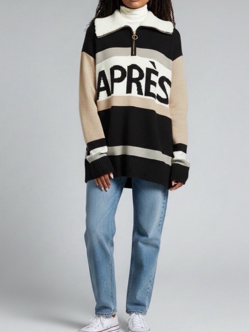 Show Me Your Mumu Apres Sherpa-Collar Weston Half-Zip Sweater Black & Taupe S